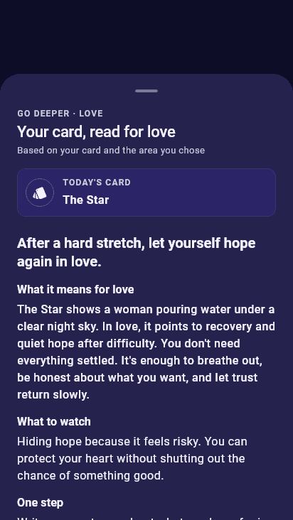 The Go deeper screen reading a drawn card for love