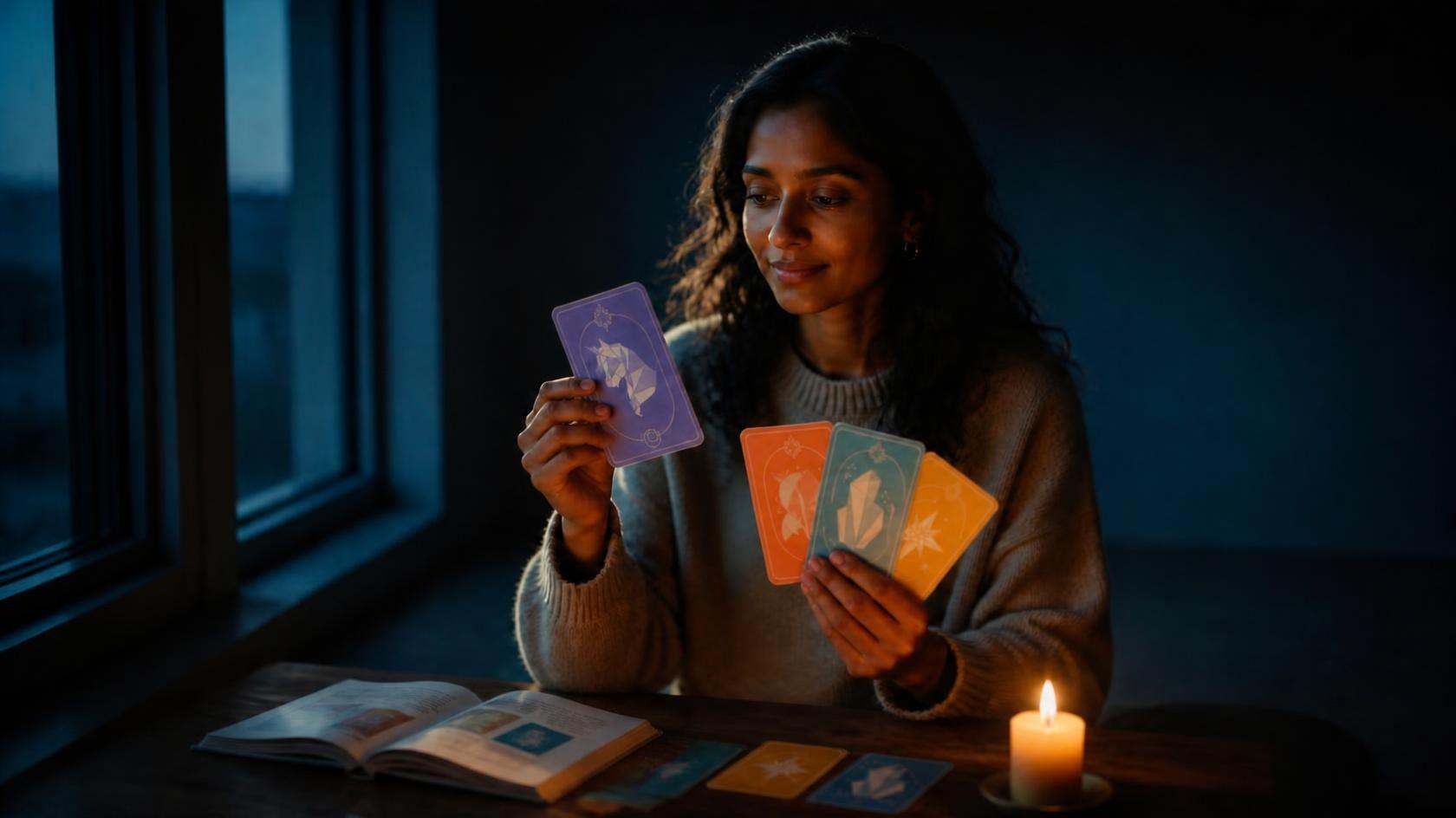 A woman by a dark window fans out Expression tarot cards in the early morning light