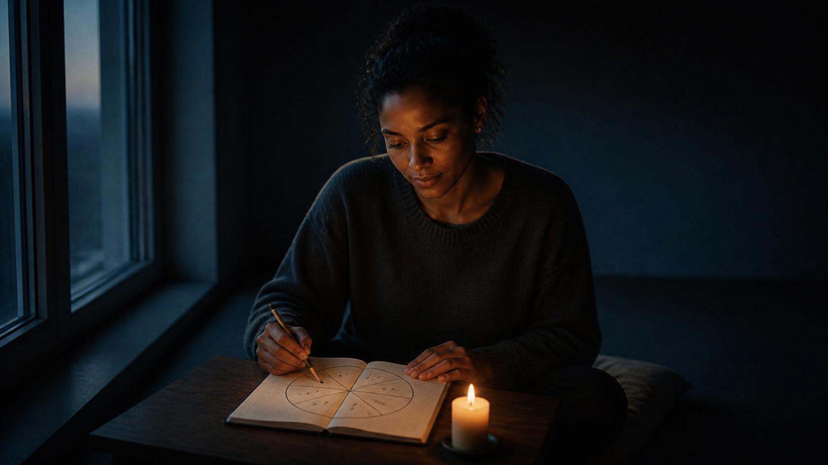 A woman draws a birth chart wheel in a notebook by candlelight