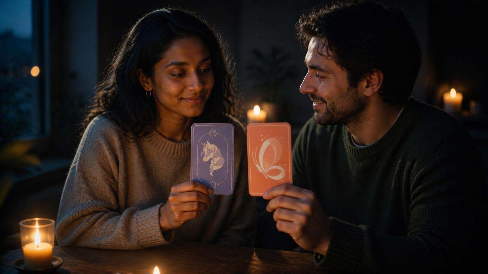 A couple at a candlelit table each hold up an Expression tarot card and smile