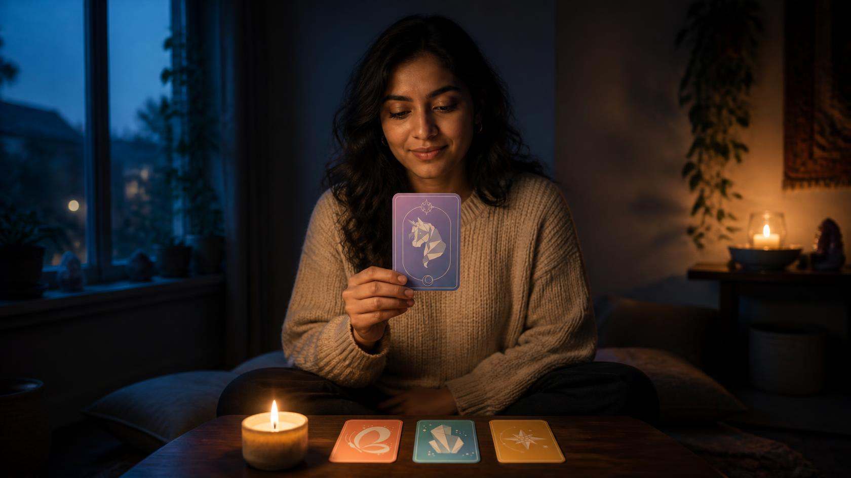 A woman in a cosy candlelit room holds up an Expression tarot card, three more cards on the table