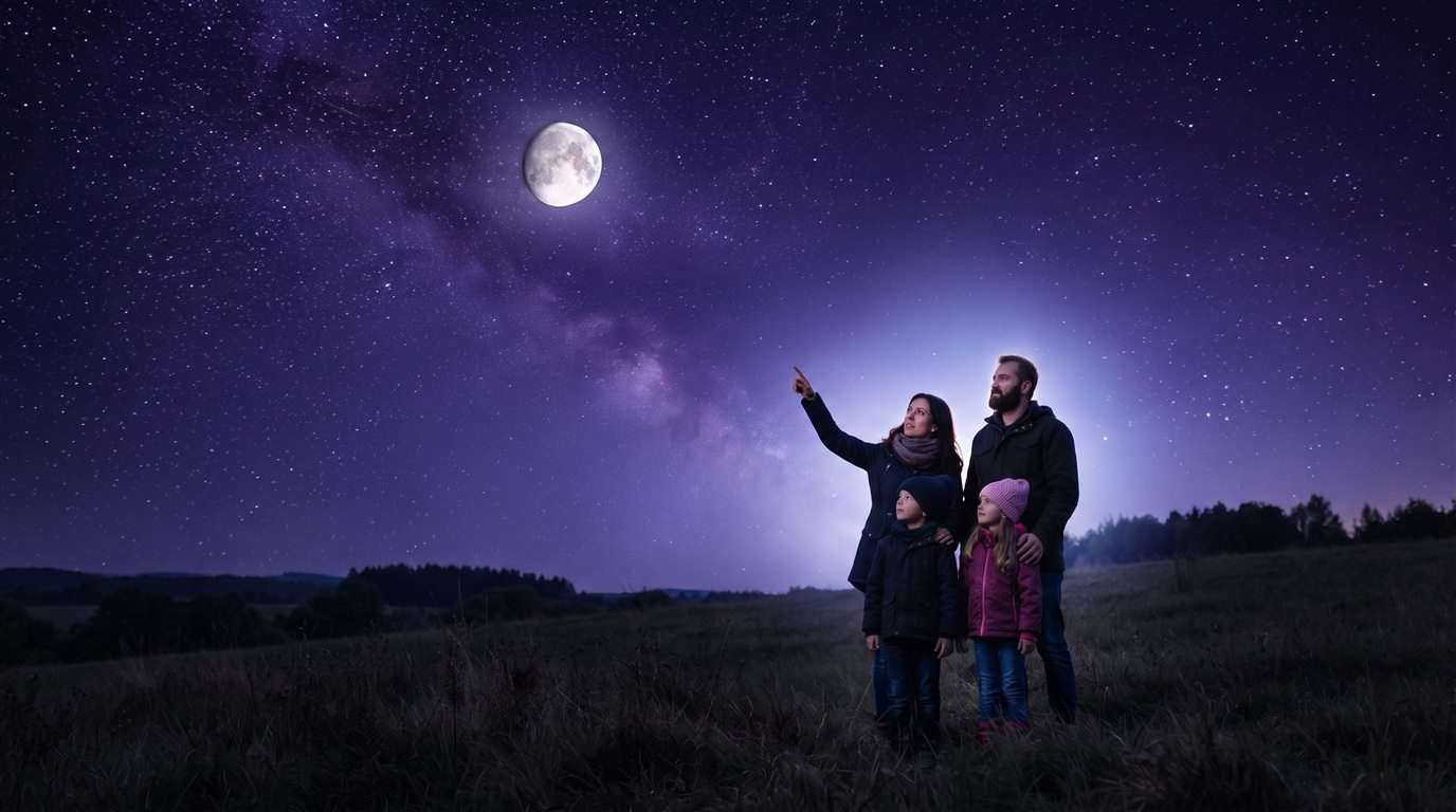 A family on a moonlit hill points up at the moon in a starry violet sky