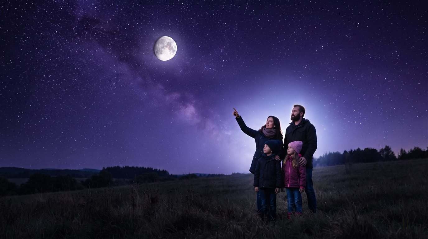 A family on a moonlit hill, the mother pointing up at a bright moon in a violet, starry sky