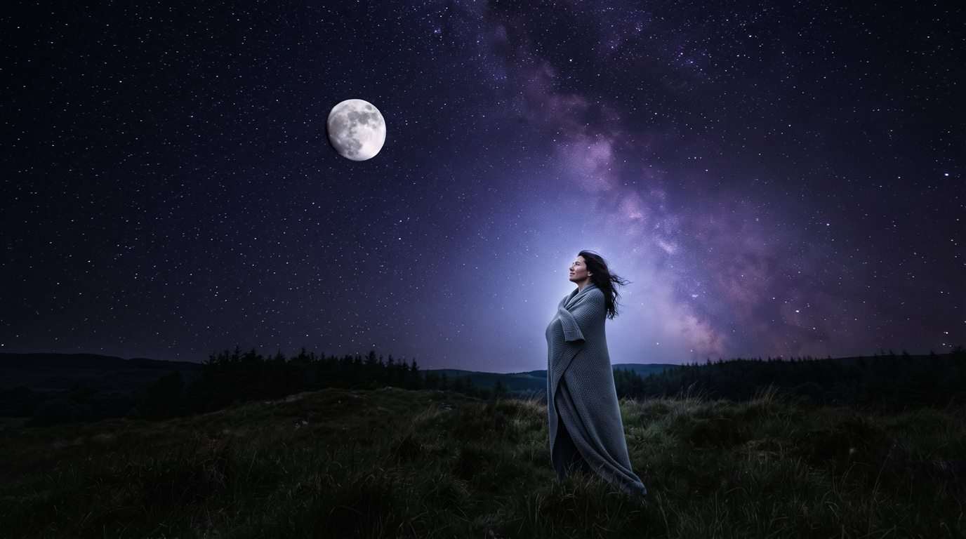 A woman wrapped in a blanket on a hilltop looks up at a bright moon
