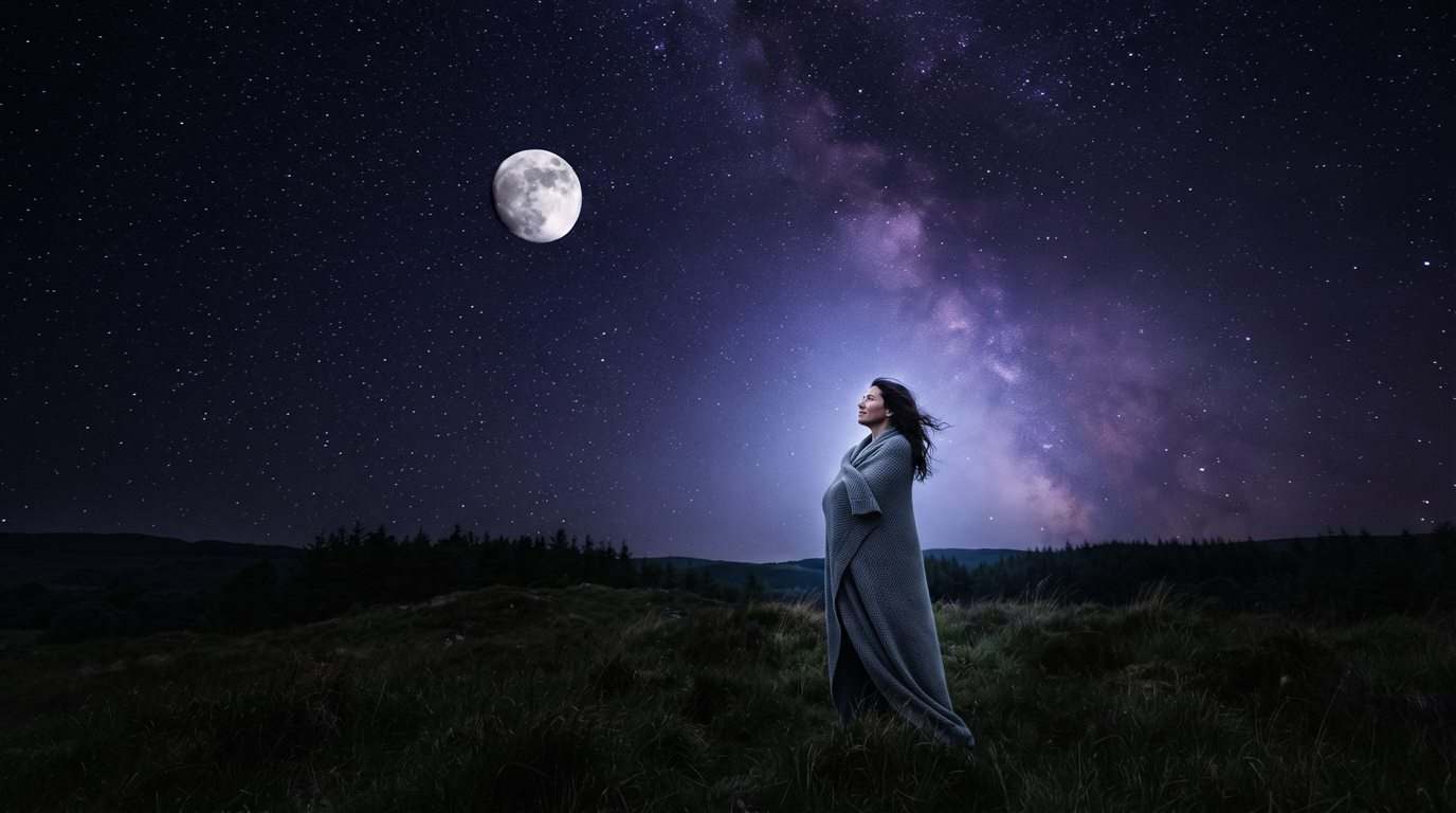 A woman wrapped in a knit blanket on a hilltop, looking up at a bright moon in a violet, starry sky