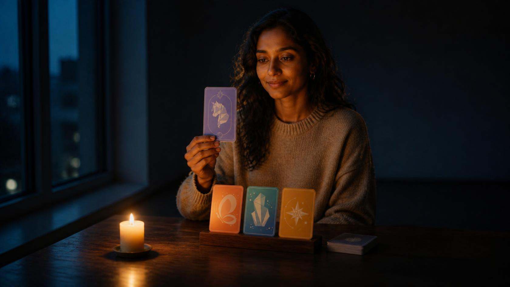 A woman at a candlelit table holds up an Expression tarot card, three more cards laid in front of her