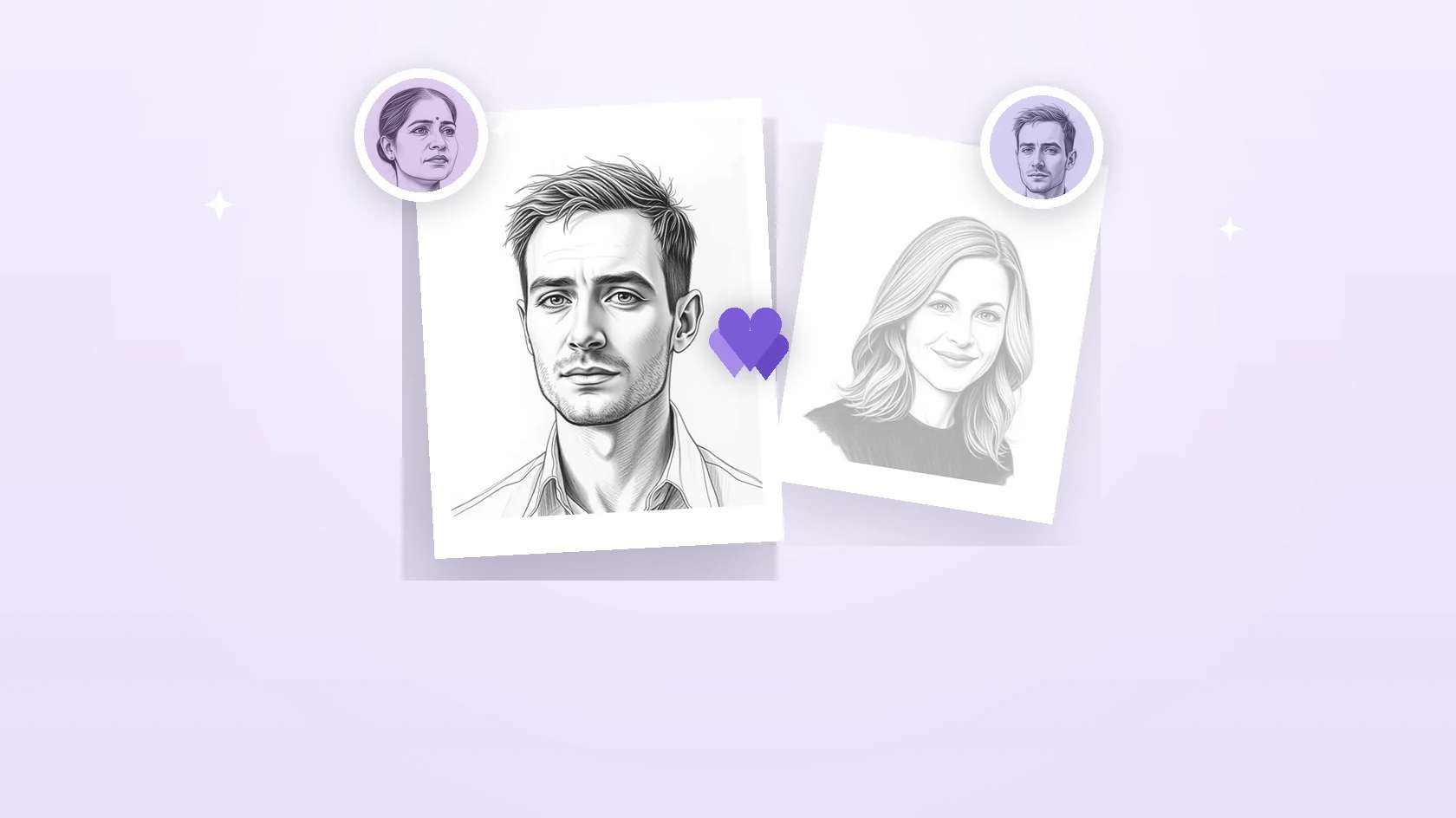 Two pencil-style soulmate portraits on paper, AI-generated illustrations