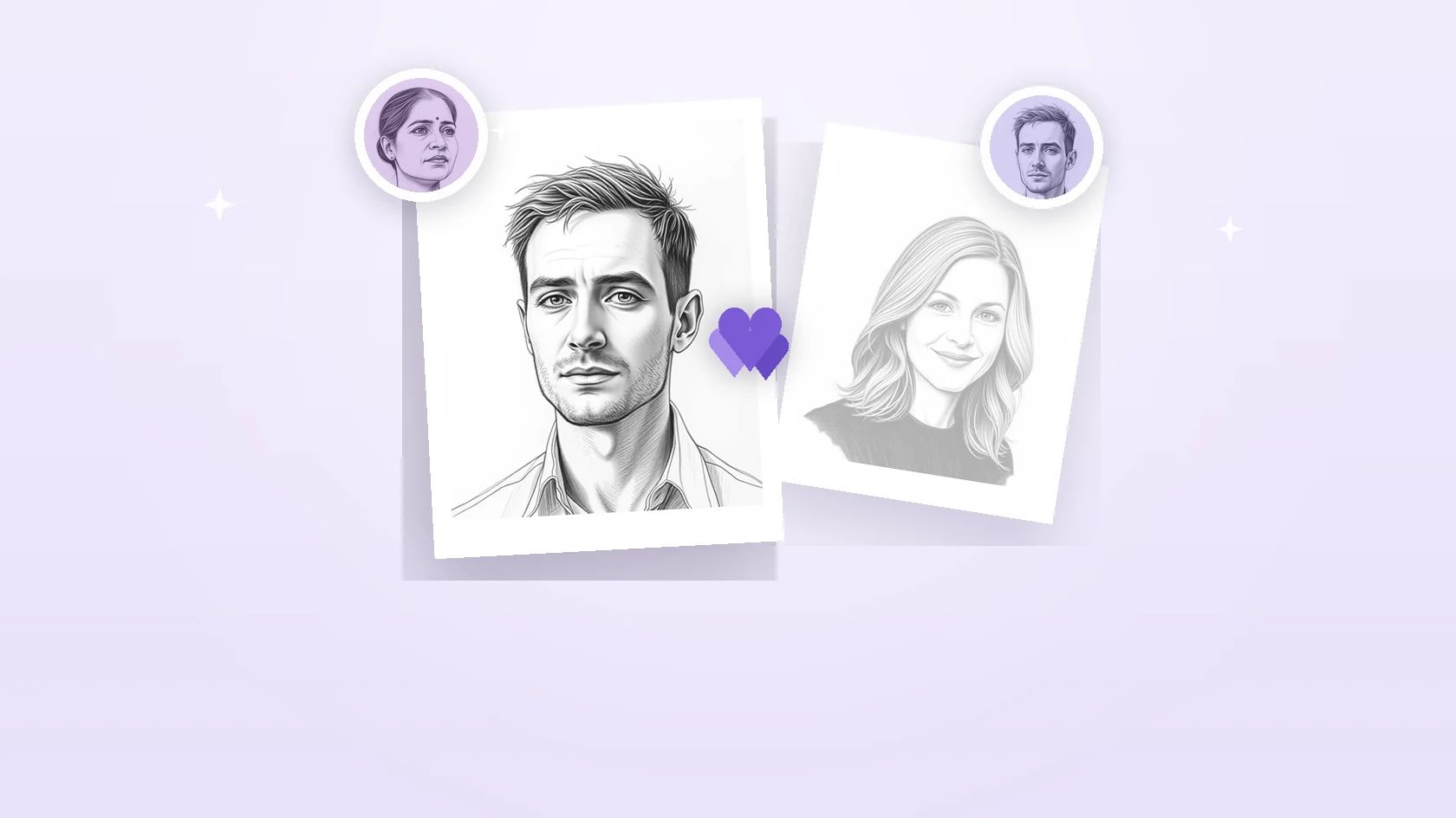 Two pencil-style example portraits side by side, AI-generated illustrations