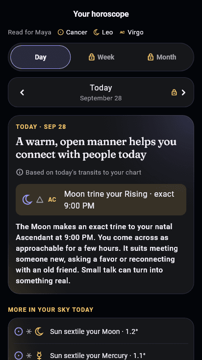 The Expression horoscope page for today, with the day's main theme