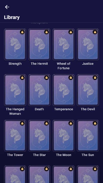 The card library in Expression with the tarot deck