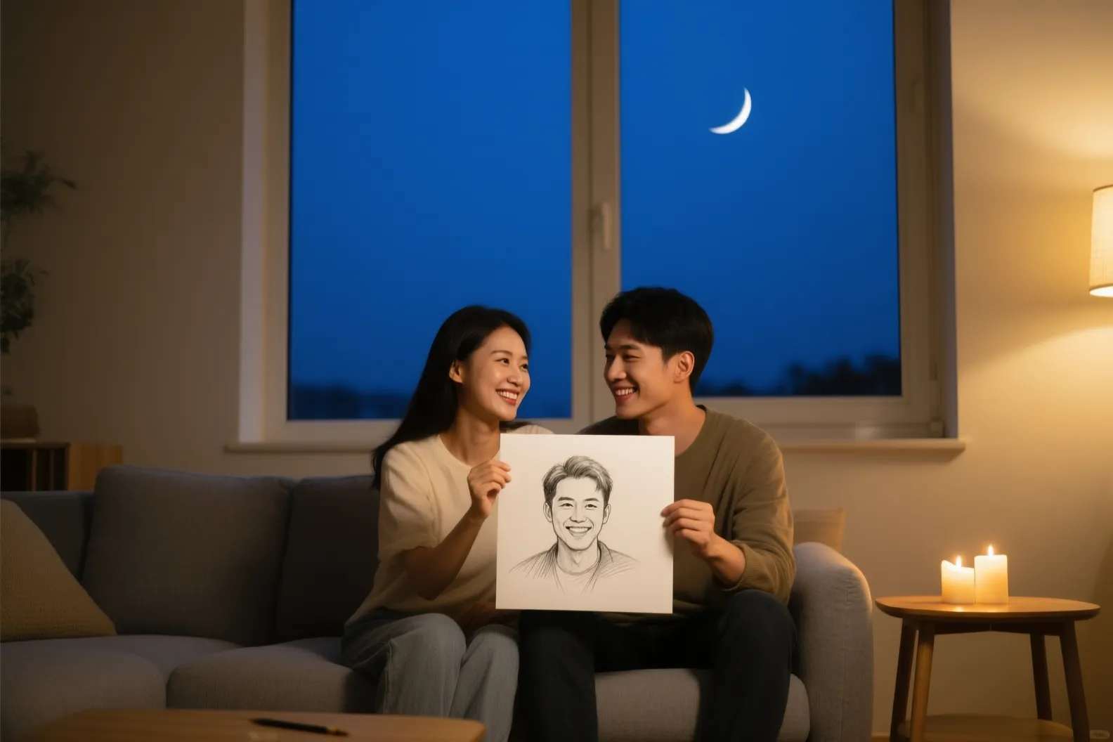 A smiling couple on a sofa at night holds up a pencil sketch portrait of him, AI-generated illustration