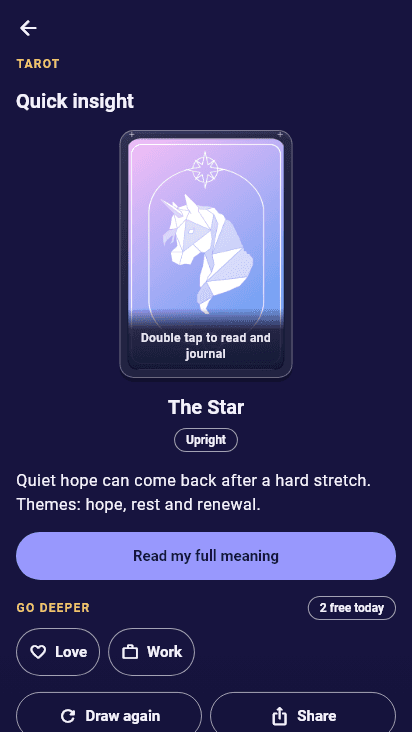 A quick insight in Expression: The Star, upright, with a short meaning and options to read more or draw again