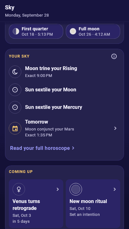 The Sky tab in Expression with the moon phases and what is coming up in your sky