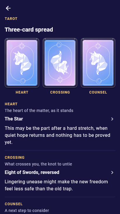 A three-card spread in the Expression app with each card explained