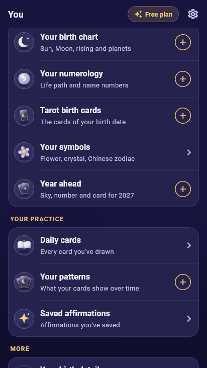 The You tab in Expression: birth chart, numerology, tarot birth cards and year ahead